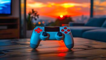 Sunset gaming session with a controller. A gaming controller rests on a wooden table as the sunset fills the room with warm colors, creating a cozy atmosphere for gaming. photo