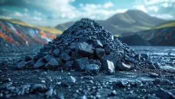 Crushed rocks beneath a mountain view. A large pile of crushed rocks sits on a dark surface with mountains and vibrant colors in the background under a bright sky. photo