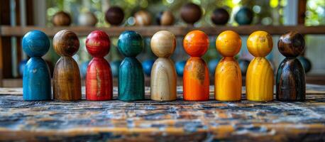 Colorful wooden figures on outdoor table. Eight handcrafted wooden figures stand in a row on a rustic table, surrounded by natural light and greenery in the background. photo