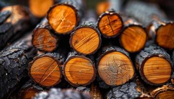 Richly textured stacked logs in light. A close-up view of freshly cut logs showcases their rich textures and colors under soft natural light, highlighting their unique patterns. photo