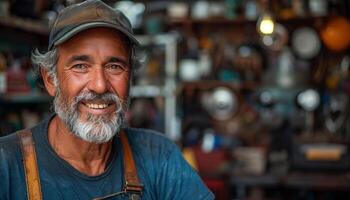 Smiling craftsman in daylight workshop. A skilled craftsman with a beard smiles warmly in his cluttered workshop filled with tools and materials, showcasing his art and passion. photo