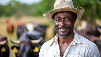 Smiling farmer stands with cattle in lush pasture. A cheerful farmer poses among his herd of cattle on a sunny day in a vibrant green pasture, showcasing rural life. photo