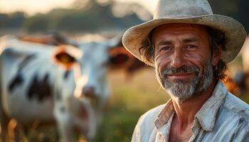 Farmer with cattle in golden sunlight. A farmer with a warm smile stands in a pasture, surrounded by grazing cows under the soft glow of the late afternoon sun. photo