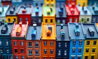 Colorful row of houses in a vibrant urban setting. A lively collection of brightly painted houses showcases urban architecture, revealing a cheerful atmosphere on a sunny day. photo