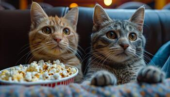 Two cats munching popcorn at movie night. Two cats sit closely together with curious expressions, watching a movie while a bowl of popcorn rests in front of them. photo