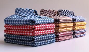 Neatly folded checkered shirts arranged by color. A collection of folded checkered shirts displayed in neat stacks, showcasing various colors and patterns in natural light. photo