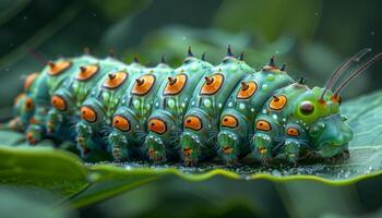 Green caterpillar on a leaf. A vibrant green caterpillar with striking orange spots rests on a green leaf, showcasing its unique features in the wild. photo