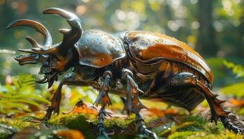 Robotic beetle explores dawn forest. A detailed robotic beetle moves through a lush forest filled with dew-kissed ferns, capturing the beauty of early morning light. photo
