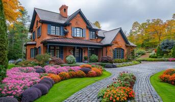 Charming brick house with autumn garden. A stunning brick house surrounded by vibrant flowers showcases fall colors in a scenic neighborhood filled with lush greenery. photo