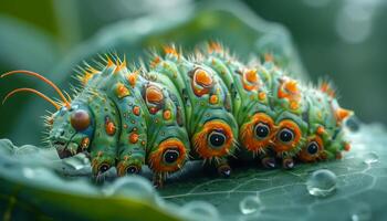 Colorful caterpillar on green leaf. A vibrant caterpillar with orange and blue patterns sits on a lush green leaf, showcasing its intricate details and textures. photo