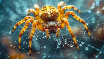 Close view of a spider weaving its intricate web. A spider skillfully constructs its web, showcasing fine details and droplets of water that reflect light in a natural setting. photo