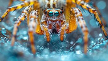 Close-up of a spider on a web with dew drops. A spider rests on its web, surrounded by shimmering dew drops, showcasing intricate details of its body and habitat. photo