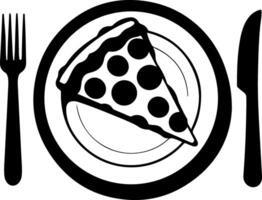 Pizza slice on plate with fork and knife vector