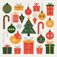 A festive collection of Christmas elements featuring a decorated tree and colorful presents. vector