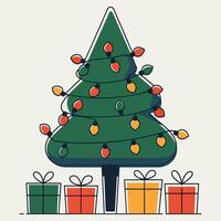 A Christmas tree illustration with strings of lights and gifts vector