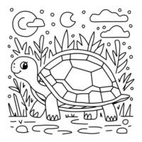 A turtle coloring page with the night sky and trees vector