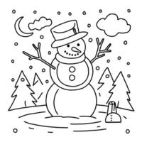 A snowman coloring page with a tree and snowman vector