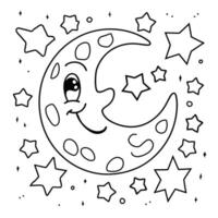 A coloring page with a smiling moon and stars vector