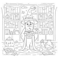 A wizard is standing in front of a book shelf with books and potions vector