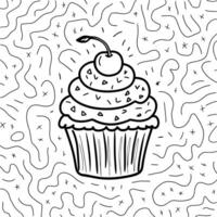 A cupcake with a cherry on top is shown in a doodle style vector