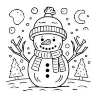 A coloring page with a snowman in a hat and scarf vector