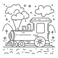 A train is traveling through the countryside in a line drawing vector