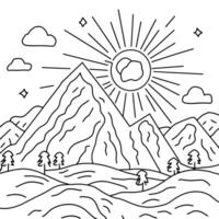 A coloring page with mountains and trees vector