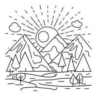 A line drawing of a mountain landscape with trees and sun vector