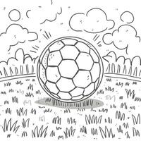 A coloring page with a soccer ball in the grass vector