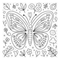A coloring page with a butterfly and flowers vector