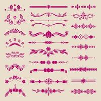 Classic Fuchsia color ornate design elements, decorative borders, dividers, floral, geometric motif vector