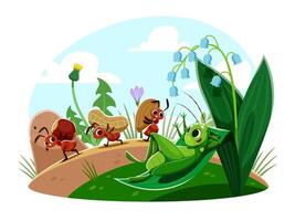 Cartoon ant characters with nuts and grasshopper vector