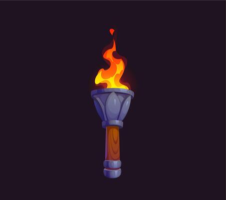 Game medieval fire torch with burning fire flame
