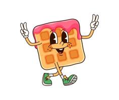 Groovy Belgian waffle dessert character with jam vector