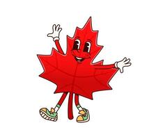 Groovy red maple leaf character, happy foliage vector