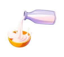 Milk pouring from a transparent bottle into a bowl vector