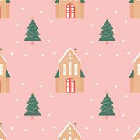 a wonderful Christmas pattern with a winter house and Christmas trees on a pink backgrounda wonderful Christmas pattern with a winter house and Christmas trees on a pink background vector