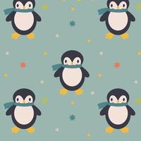 funny pattern with a cute little penguin in a blue scarf on a background with stars vector