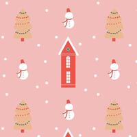 a pattern with a winter house, fir trees and snowmen and snowflakes vector
