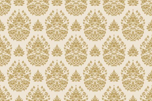 Seamless Gold Traditional Thai Floral Pattern with Lotus Motif on Beige Background, Ornamental Damask Design for Luxury Wallpaper, Textile, and Decorative Elements in Classic Style for Interior Decor