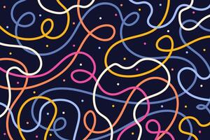 Colorful curvy lines design isolated on a black background. Abstract noodle background with wavy lines. Creative playful geometric art. vector