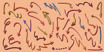 Set of hand drawn arrows with curvy lines. Hand drawn set of doodle arrow icons. Collection of colorful hand free curved lines and pointers. vector