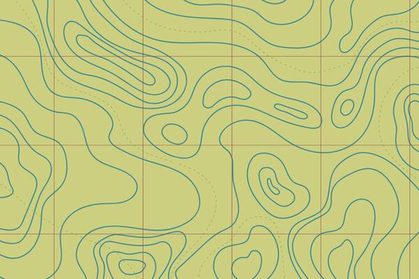 Topographic map with mountain relief and wavy contour lines. Abstract land design from a top-down view.