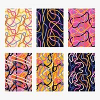 Collection of cards with abstract noodle backgrounds with vibrant wavy lines. Creative playful geometric art. Colorful spaghetti and ramen designs. vector