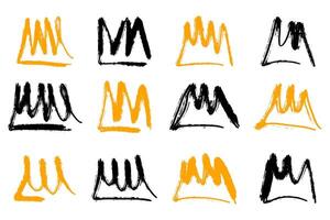 Cartoon grunge crowns drawn in retro style, with brush strokes. Graffiti hand painted crowns with yellow and black color spray. Crowns isolated on white background vector