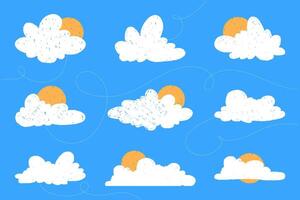 Hand drawn collection of clouds. Abstract cartoon and fluffy cloud icons. vector