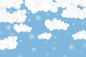 Hand drawn clouds on a blue background with snowflakes. White fluffy clouds in crayon. Grunge design. Winter day. vector