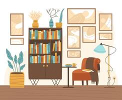 Home library with bookcase and reading chair vector