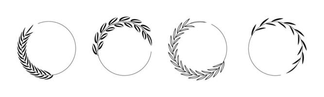 Set of black laurels frames branches with circle borders on transparent background. Hand drawn collection laurel leaves decorative elements. award, Leaves, invitation decoration, swirls, ornate vector