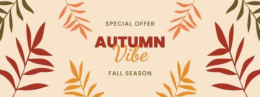 fall banner. Autumn banner with sale ad lettering text composition and colorful fall leaves on beige background. Beautiful autumn background with different leaves. Fall foliage decoration. vector